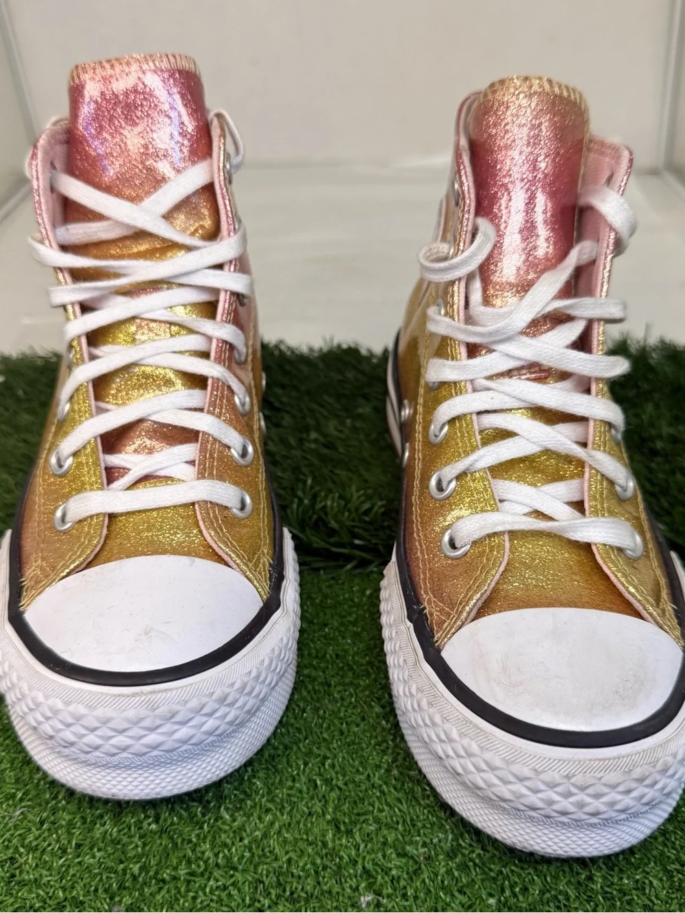 Converse Pink Glitter High Top Sneakers with Gold Heel Gradient